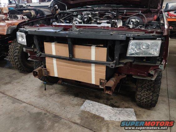 20200403 - subframe supporting the headlights and grill is on. Clears the intercooler with minimal trimming.
