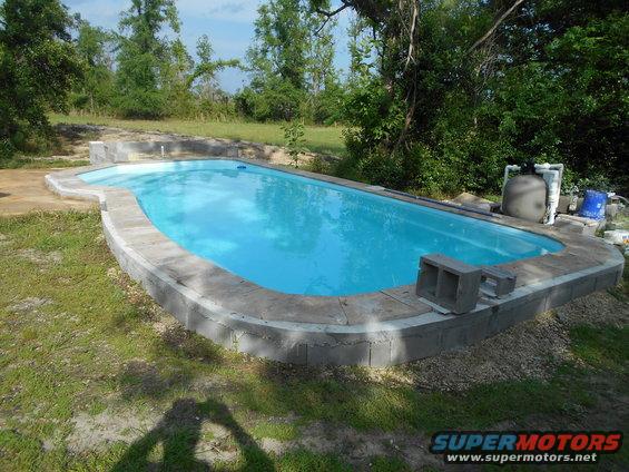 Outdoor swimming pool with concrete deck and surrounding grass, trees in background