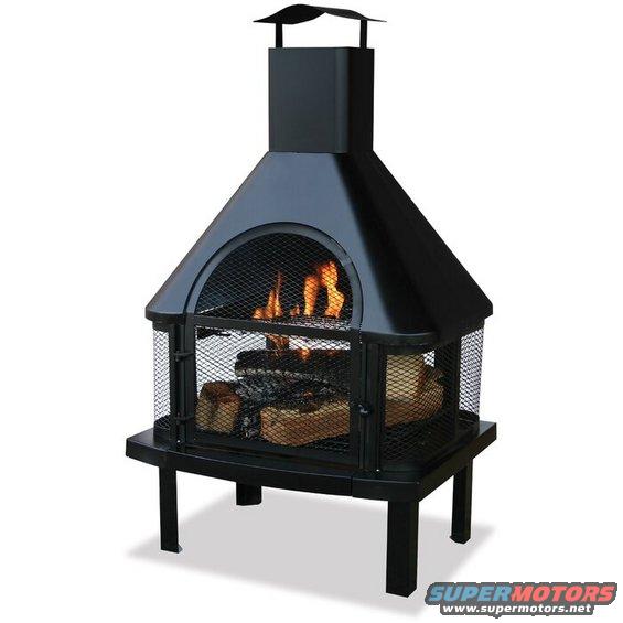 Black outdoor fireplace with burning logs inside, mesh screen doors, and a chimney