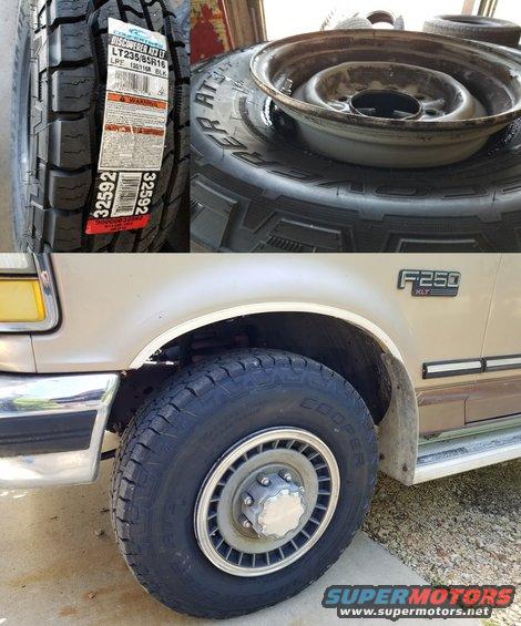 As soon as the TPMS arrived, I got 5 new Cooper Discoverer AT3 LT235/85R16s installed (load range E, same as the '97; and the same model as my '83 Bronco).
IF THE IMAGE IS TOO SMALL, click it.

[url=https://www.supermotors.net/registry/media/1157160][img]https://www.supermotors.net/getfile/1157160/thumbnail/tpms.jpg[/img][/url] . [url=https://www.supermotors.net/registry/media/1117501][img]https://www.supermotors.net/getfile/1117501/thumbnail/170803_tires_dunrov.jpg.jpg[/img][/url]