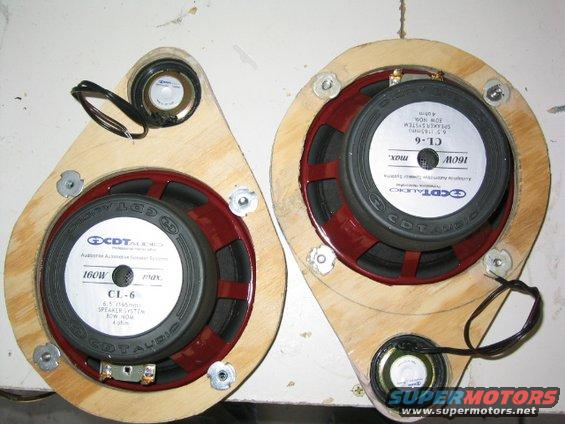 Two CDT Audio CL-6 speaker assemblies mounted on wooden baffles, each with a tweeter