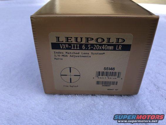 Leupold VX-III 6.5-20x40mm LR scope box with Fine Duplex reticle diagram