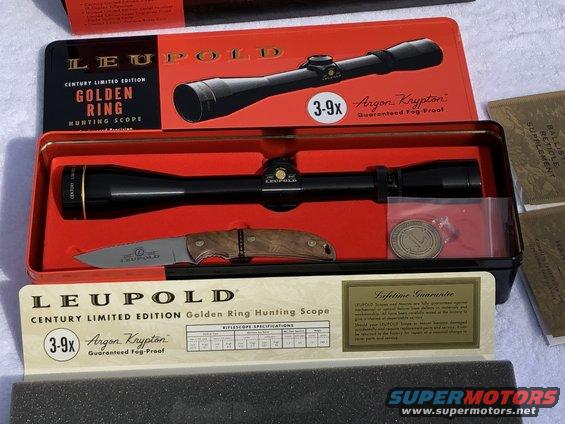 Leupold Golden Ring Century Limited Edition hunting scope in a box with a knife and coin