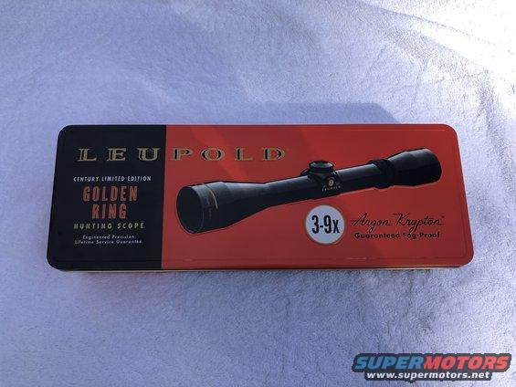 Leupold Golden Ring hunting scope in its red and black case, showing 3-9x magnification and Argon Krypton fog-proof features