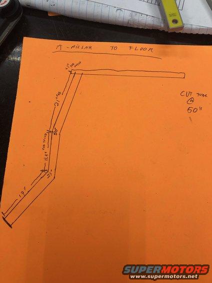 Diagram showing measurements for a roll cage, labeled 'A-PILLAR TO FLOOR'. Includes dimensions like 19", 21", 11.59", and angles
