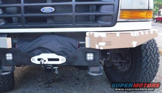 dscf2254--bumper-wing-boxed.jpg Front view.  The temporary 2x4 gets in the way of perfect placement, but it's quite useful as a support piece for the mock-up!