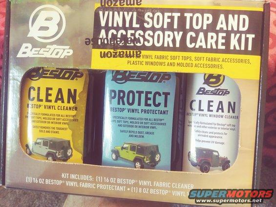 Box for Bestop vinyl soft top and accessory care kit with three bottles inside: Clean, Protect, and Clean