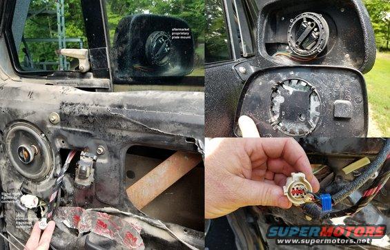 03doorrmirr.jpg No wonder the Right mirror wasn't working. This truck had the rare signal mirrors, but they were both replaced by a previous owner. This one was replaced as an assembly with an aftermarket version that uses a different glass mounting plate.
IF THE IMAGE IS TOO SMALL, click it.

[url=https://www.supermotors.net/registry/media/669413][img]https://www.supermotors.net/getfile/669413/thumbnail/rmirrorsignal.jpg[/img][/url] . [url=https://www.supermotors.net/registry/media/918611][img]https://www.supermotors.net/getfile/918611/thumbnail/mirrorsturn.jpg[/img][/url] . [url=https://www.supermotors.net/registry/media/560656][img]https://www.supermotors.net/getfile/560656/thumbnail/powermirrors96bronco.jpg[/img][/url] . [url=https://www.supermotors.net/registry/media/576977][img]https://www.supermotors.net/getfile/576977/thumbnail/mirrorflagmount.jpg[/img][/url]

Add hidden (OE-style) turn signals to both door mirrors $120 (while mirrors are apart & door panels are off; includes wiring as needed & 2 LED arrow panels)

Add heating elements (& wiring from rear defrost circuit) to mirrors $50ea (while door panels are still off) (requires original-style Right mirror motors & plate) [url=https://www.supermotors.net/registry/media/1017259][img]https://www.supermotors.net/getfile/1017259/thumbnail/mirheater.jpg[/img][/url]
Supply & install original-style Right power mirror MOTORS & GLASS PLATE ONLY $40 (while door panels are still off; mirror body not included due to bedlining)

R&I right door panel, connect mirror pins to door connector $90 DONE (includes lube door latch & handle)
The Right unlock button doesn't work, probably because of the RKE removal. Remove abandoned wiring & repair damage: $60/hr clock time