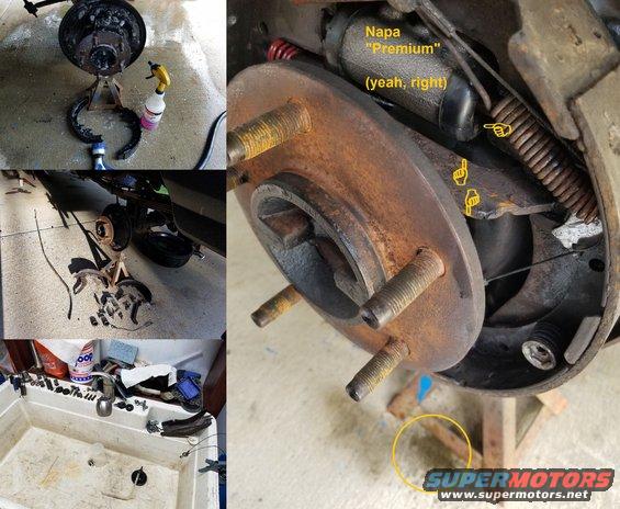 All the brake hardware was washed before being inspected & greased. 2 small washers were missing and the Left autoadjuster's teeth were worn. I'll return all the NAPA junk, which appears to have come from the same chinese factory as the OReilly parts that DIDN'T leak.
IF THE IMAGE IS TOO SMALL, click it.