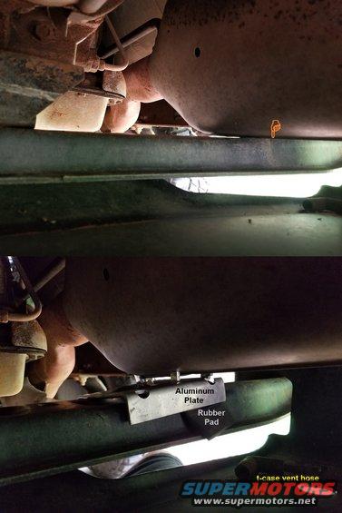 04yxmbr.jpg After rotating the spring plates, I became very conscious of rattles from the chassis. One of the worst was the Y-pipe (which had been cut in several places & then welded back together) resting on the transmission crossmember. I didn't have time to make a hanger, so I just slipped a rubber pad & Aluminum shield plate under it temporarily.
IF THE IMAGE IS TOO SMALL, click it.

[url=https://www.supermotors.net/registry/media/1161542][img]https://www.supermotors.net/getfile/1161542/thumbnail/06springplates.jpg[/img][/url] . [url=https://www.supermotors.net/registry/media/1072137][img]https://www.supermotors.net/getfile/1072137/thumbnail/08muffler15y.jpg[/img][/url]

I hadn't noticed the transfer case vent lying on the skidplate until I saw this pic.
