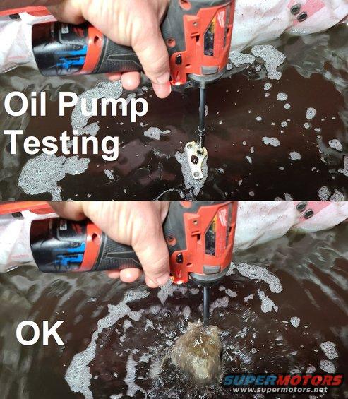 oilpumptest.jpg My worry was that the oil pump was shot, but it had some resistance when installed, and had good flow in the solvent tank.
IF THE IMAGE IS TOO SMALL, click it.