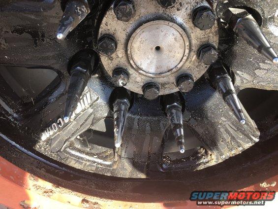 Wheel with spiked lug nuts and visible text 'OFF TIRE USE ONLY'