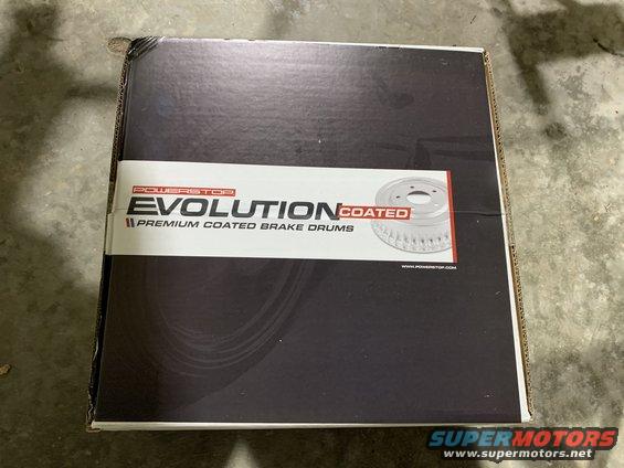 Box for Powerstop Evolution Coated premium brake drums. Shows a picture of a brake drum
