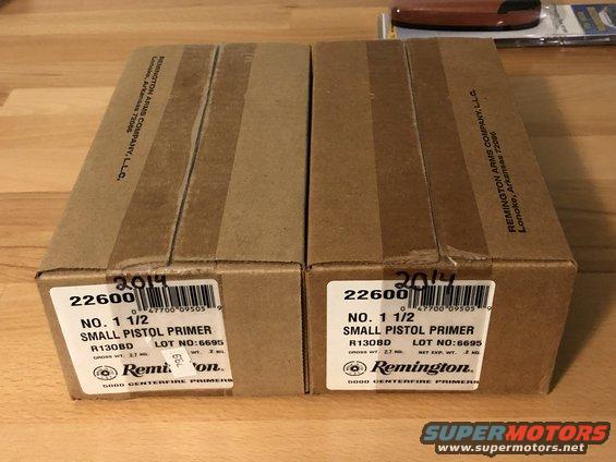 Two boxes of Remington No. 1 1/2 Small Pistol Primers, labeled 22600 and dated 2014