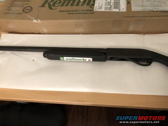 Remington shotgun in its box, with a label on the forend