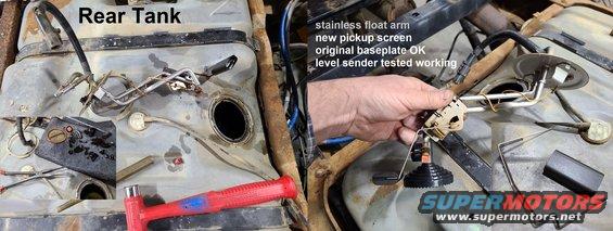 reartank.jpg Of course, while the bed was off, I checked the rear tank. Of course, its  [url=https://www.amazon.com/dp/B0895P4LD4]pickup screen (shower head)[/url] was in pieces inside the tank. But unlike the big midship tank, I could see the pieces & get most of them out. The baseplate is rusting, but not where it matters, so I didn't change it to stainless. But I did change the float arm, and then tested that the sender is still working before putting it back in.
IF THE IMAGE IS TOO SMALL, click it.

See also:
[url=https://www.supermotors.net/registry/2742/77131-4][img]https://www.supermotors.net/getfile/875334/thumbnail/fuellevel11.jpg[/img][/url]
