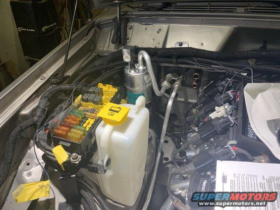 Engine bay with fuse box, coolant reservoir, and ignition coils visible
