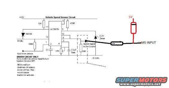Diagram of a vehicle speed sensor circuit with LM2917N integrated circuit, resistors, capacitors, and a Zener diode