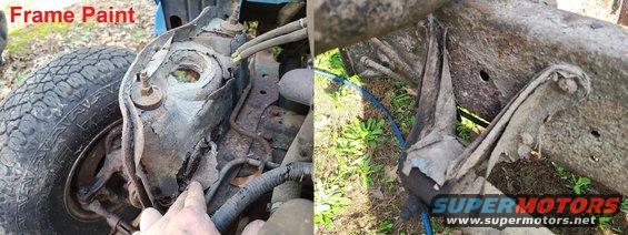 framepaint.jpg Frame Paint is more likely to cause rust than to prevent it, even when applied at the factory. Rubberized undercoating is much better for all underbody parts because it's cheaper, easier to apply, requires less prep to apply, and is easier to re-apply as needed.

This is my '83/93 Bronco:
[url=https://www.supermotors.net/registry/media/927753][img]https://www.supermotors.net/getfile/927753/thumbnail/122undercoat.jpg[/img][/url] . [url=https://www.supermotors.net/registry/media/928850][img]https://www.supermotors.net/getfile/928850/thumbnail/123undercoated.jpg[/img][/url] . [url=https://www.supermotors.net/registry/media/955393][img]https://www.supermotors.net/getfile/955393/thumbnail/16oba25.jpg[/img][/url] . [url=https://www.supermotors.net/registry/media/1053135][img]https://www.supermotors.net/getfile/1053135/thumbnail/53frame2.jpg[/img][/url]

This is the '93 EB Bronco I'm building:
[url=https://www.supermotors.net/registry/media/1062694][img]https://www.supermotors.net/getfile/1062694/thumbnail/07frame96w.jpg[/img][/url] . [url=https://www.supermotors.net/registry/media/1065108][img]https://www.supermotors.net/getfile/1065108/thumbnail/07hanger25.jpg[/img][/url] . [url=https://www.supermotors.net/registry/media/1153056][img]https://www.supermotors.net/getfile/1153056/thumbnail/09vehchs2.jpg[/img][/url]