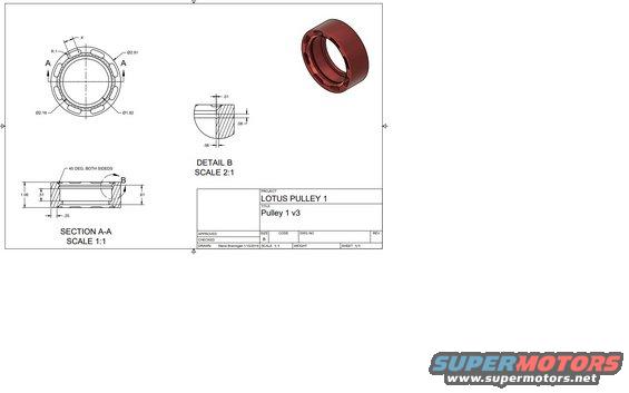 Technical drawing of a Lotus pulley with dimensions and a 3D render