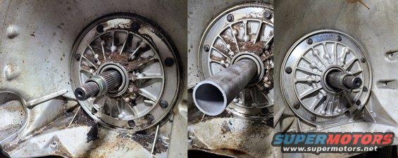 bellhsg.jpg I made a tool to keep trash out of the transmission as I scraped & washed the years of mud, and the rat-nest soup that came down from the valley. For a little while, I considered the possibility that rinsing all that mess out of the valley might have caused this leak.
IF THE IMAGE IS TOO SMALL, click it.

The original gray front pump seal (E9TP7A248A, F2VY7A248A) was replaced with the black Viton version (E9TZ7A248B, E9TP7A248AA).