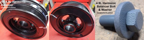 balancerbolt9549.jpg 4.9L Harmonic Balancer, Bolt, & Washer
IF THE IMAGE IS TOO SMALL, click it.

washed, sandblasted, and painted with DupliColor engine ceramic New Ford Gray and gloss black; timing mark is painted white