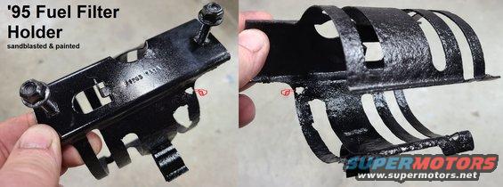 fuelfilter9549.jpg '87-96 Gas F-series & Bronco Fuel Filter Holder
IF THE IMAGE IS TOO SMALL, click it.

washed, sandblasted, and painted gloss black; note rust damage