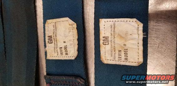Two GM seatbelt labels, one reads 'IRVIN MODEL #', the other is partially obscured
