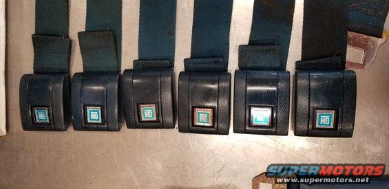 Six GM seatbelt buckles with blue straps