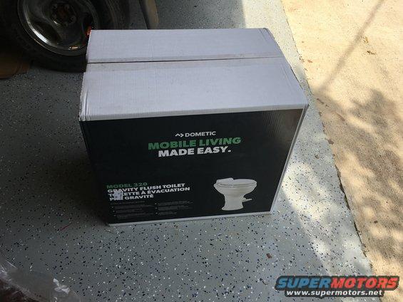Box for Dometic Model 320 gravity flush toilet, with "Mobile Living Made Easy" text