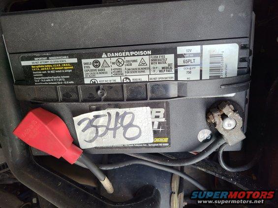 tagbattery.jpg Battery label

[url=https://www.supermotors.net/registry/media/828671][img]https://www.supermotors.net/getfile/828671/thumbnail/battstartwire9296.jpg[/img][/url] . [url=https://www.supermotors.net/registry/media/975094][img]https://www.supermotors.net/getfile/975094/thumbnail/34batt.jpg[/img][/url]

Positive cable has been replaced with a [url=https://www.amazon.com/dp/B009C9TV6O]Standard A674TA[/url].