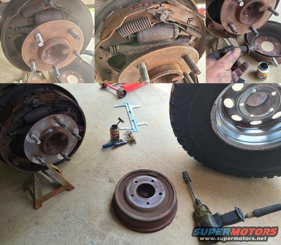 4brakes1lhr.jpg The LHR autoadjuster wasn't turning freely, and there was a minor error in the assembly order, so all the brakes were blown clean, disassembled, inspected, lubed, and reassembled. The yellow spreader bar springs were straightened, and the wheel mounting surfaces were all cleaned. The drums are within 1mm of their discard size, so they'll need to be replaced the next time the shoes are. Lug nuts were tightened with a 100 lb-ft torque stick.
IF THE IMAGE IS TOO SMALL, click it.

[url=https://www.supermotors.net/registry/media/1123767][img]https://www.supermotors.net/getfile/1123767/thumbnail/brake_rear_drum.jpg[/img][/url] . [url=https://www.supermotors.net/registry/media/72063][img]https://www.supermotors.net/getfile/72063/thumbnail/r3.jpg[/img][/url] . [url=https://www.supermotors.net/registry/media/1128877][img]https://www.supermotors.net/getfile/1128877/thumbnail/shoecaliper.jpg[/img][/url] . [url=https://www.supermotors.net/registry/media/487374][img]https://www.supermotors.net/getfile/487374/thumbnail/tsb985a4lugtorque.jpg[/img][/url] . [url=https://www.supermotors.net/registry/media/881406][img]https://www.supermotors.net/getfile/881406/thumbnail/wms.jpg[/img][/url]

R&I rear brake shoes, clean & lube $80 (done)