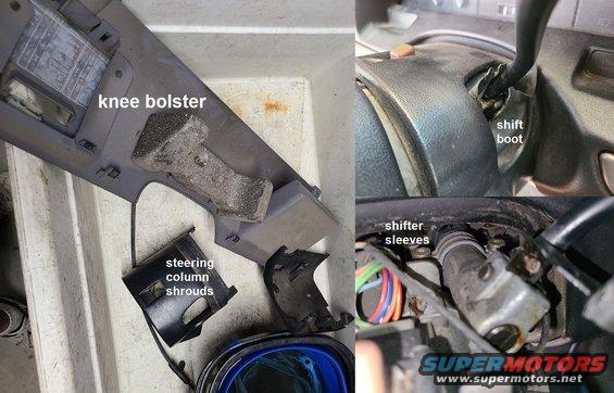 2dashparts.jpg To inspect the sloppy shifter, the knee bolster & column shrouds were removed & washed. The shifter & tube have not yet broken (common on early columns), but the bushings are worn enough to slide out-of-place. The boot is also degraded & tearing (as usual). The screws for the end lever are not loose. The MFS intermittently fails to flash the taillights, but will usually resume after cycling the hazard switch several times.
IF THE IMAGE IS TOO SMALL, click it.

[url=https://www.supermotors.net/registry/media/701936][img]https://www.supermotors.net/getfile/701936/thumbnail/steeringcolumn92up.jpg[/img][/url] . [url=https://www.supermotors.net/registry/media/1158044][img]https://www.supermotors.net/getfile/1158044/thumbnail/20200310_160550.jpg[/img][/url] . [url=https://www.supermotors.net/registry/media/1082100][img]https://www.supermotors.net/getfile/1082100/thumbnail/shiftscrsloose.jpg[/img][/url]

Install shifter boot $ 10 (now while column is open; later $25) ***********
- Used OE shifter boot (like-new condition) $60 ***********
- New Ford shifter boot XL3Z-3D677-AAB $80
Supply & install 2 new aftermarket [url=https://www.amazon.com/dp/B00FPL00FY]Dorman 905107[/url] shift tube bushings $50 (now while column is open; later $70) ***********
R&R MFS (labor only) $20 (while column is open now; $40 later)
Tasca Ford ~$85 plus shipping plus tax [url=https://www.tascaparts.com/oem-parts/ford-turn-signal-and-hazard-switch-f8tz13k359ab]F8TZ-13J359-AB[/url]
FPG ~$85 plus shipping plus tax [url=https://www.fordpartsgiant.com/parts/ford-switch-assy-direction-indicator_f8tz-13k359-ab.html]F8TZ-13J359-AB[/url]
O'Reilly $100 plus tax [url=https://www.oreillyauto.com/detail/c/motorcraft/motorcraft-switch/mot0/sw5591]SW5591[/url]
Amazon ~$150 plus tax [url=https://www.amazon.com/dp/B000C5FUGM]SW5591[/url]