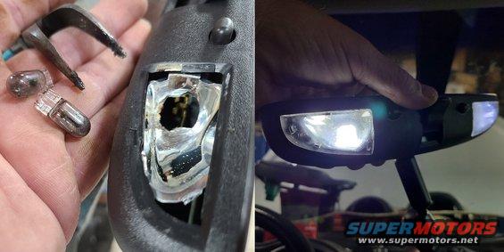 It took a modification to some pliers to pull the original bulbs, but the front map lamps in the RV mirror were swapped to LED.
IF THE IMAGE IS TOO SMALL, click it.