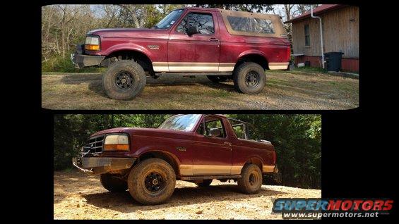 Red 1996 Ford Bronco with tan soft top, lifted suspension, and aftermarket bumper parked on dirt