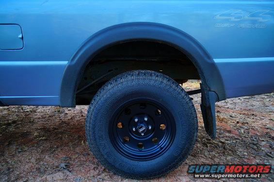Blue pickup truck rear wheel with black fender flare and mud flap