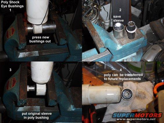 shockeyepoly.jpg Shock Eye Bushings
IF THE IMAGE IS TOO SMALL, click it.

Even on new shocks, polyurethane bushings are an improvement, and they can be reused when the shocks wear out.

[url=https://www.supermotors.net/registry/media/71666][img]https://www.supermotors.net/getfile/71666/thumbnail/shocks.jpg[/img][/url] . [url=https://www.supermotors.net/vehicles/registry/media/1037102][img]https://www.supermotors.net/getfile/1037102/thumbnail/gabrielshocks.jpg[/img][/url]