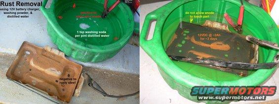 rustremoval.jpg Rust Removal
IF THE IMAGE IS TOO SMALL, click it.

Even without a sandblaster, rust can be effectively removed from parts that can be submerged in water. For larger parts, use a plastic kiddie pool.