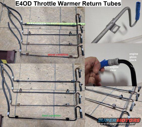 throttlereturns.jpg E4OD Throttle Heater Return Tubes
IF THE IMAGE IS TOO SMALL, click it.

Note the top one's tabs are 24&quot;OC. The restored one has only been painted outside. Since the hoses were not removed, it was not painted internally, but all have been blasted through with air to remove blockages.

SOLD the 3rd one down Jan22.
