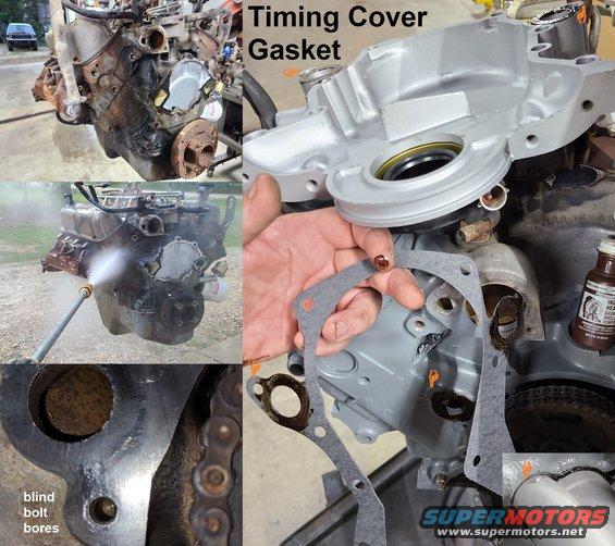 timingcvrgskt58l.jpg 5.8L Timing Cover Gasket Installation
IF THE IMAGE IS TOO SMALL, click it.

Because of small coolant leaks from the water pump & timing cover gaskets, and oil from pan gasket, I pulled this engine (which was running perfectly) to clean & reseal it. One of the long WP bolts broke due to corrosion from coolant leaking into its journals. The new TC gasket was installed without added sealant ([url=https://www.amazon.com/dp/B0008KLOG6]Permatex 20539[/url]) other than around the 2 coolant journals only. Since the bolts are not normally exposed to coolant, they don't need any additional sealant (orange pointers). Adding it would only cause them to corrode again, masking leaks until they do more damage.