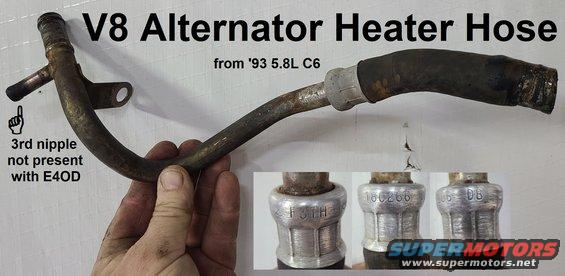 heaterpipec6.jpg OE '93-97 Heater Return Pipe for 5.0L/5.8L w/o E4OD at Alternator
IF THE IMAGE IS TOO SMALL, click it.

This assembly (F3TH18C266DB) is NLA, but the hose is easy to replace with common 5/8&quot; heater hose and a common hose clamp. The steel section has a smaller (1/4&quot;) nipple for the throttle heater return hose. If the throttle heater is already blocked off (as is common, due to rusted nipples or obstructions inside the TB), then the outlet nipple on the heater supply fitting on the intake can be capped, and this tube can be replaced with the more-common assembly (F3TH18C266CB) shown here:

[url=https://www.supermotors.net/registry/media/994179][img]https://www.supermotors.net/getfile/994179/thumbnail/heaterpipe.jpg[/img][/url]

If the throttle heater is still in-use when this tube fails, simply connect the throttle outlet (top nipple) to the radiator at the nipple below the overflow, as with E4OD.
