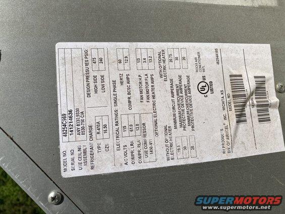 Label for a Coleman Mach air conditioner, showing model number 48254C969 and electrical ratings
