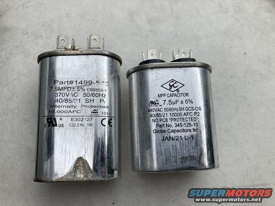 Two cylindrical metal AC capacitors with electrical terminals on top. One has label Part#1499-540, 7.5MFD. The other has label MPP CAPACITOR 7.5uF