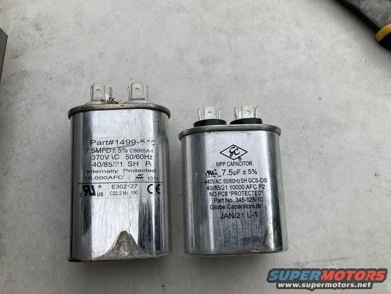 Two AC capacitors, one labeled Part# 1499-54c, 7.5MFD, 370VAC