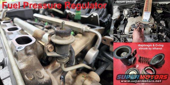 The FPR was dumping gas, so it was replaced with a [url=https://www.oreillyauto.com/detail/c/standard-ignition/fuel-delivery/fuel-injection/fuel-pressure-regulator/0ce0f00c815f/standard-ignition-fuel-injection-pressure-regulator/std0/pr234/v/a/4692/automotive-car-2003-pontiac-grand-am]Standard Ignition Fuel Injection Pressure Regulator PR234[/url]. The plenum gaskets didn't survive, so they were replaced with [url=https://www.oreillyauto.com/detail/c/fel-pro/gaskets/engine/intake-gaskets/plenum-gasket-set/b5c947bab82a/fel-pro-plenum-gasket-set/fel0/ms90505/v/a/4692/automotive-car-2003-pontiac-grand-am]Fel-Pro Plenum Gasket Set MS90505[/url]. Unlike most FPR failures which involve a diaphragm rupture leaking into the vacuum line & intake, this one leaked around the diaphragm and out the swages (both of them), probably due to the rubber being dried out & shrunken by the ethanol in modern gas. Hopefully, the replacement is designed to tolerate it better.
IF THE IMAGE IS TOO SMALL, click it.