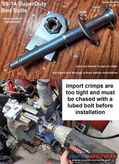 bedboltnewchased.jpg Bed Bolt U-nut Chasing
IF THE IMAGE IS TOO SMALL, click it.

This [url=https://www.amazon.com/dp/B072K13LBN]imported set of hardware[/url] is much cheaper than genuine Ford parts, but the nuts are over-crimped. So to prevent them from ripping through their U-clips during bed installation, they must be chased out first.

short bolts N806251-S103
long bolts N806252-S103
u-nuts N803334-S439

[url=https://www.supermotors.net/vehicles/registry/media/1169770][img]https://www.supermotors.net/getfile/1169770/thumbnail/bedboltcmprf.jpg[/img][/url]