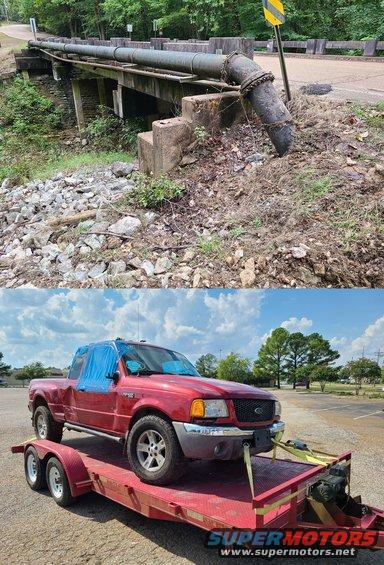 20210921_160919.jpg Instead of crossing the bridge & going around the curve, the truck came to rest on its side on the rocks, a few feet from the water's edge. The driver's doors hit the black pipe after the truck had flipped in the air. It's amazing that neither occupant had serious injuries. The driver who caused it by swinging wide from a blind corner into their lane drove away, but returned after calling his mother.