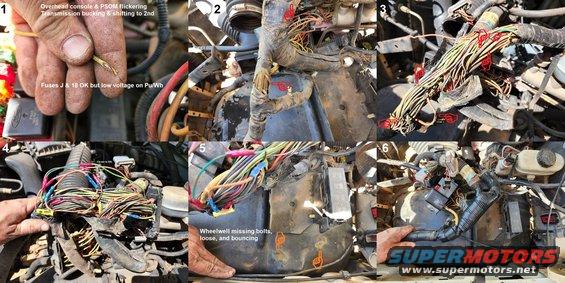 harnesswear95b.jpg Harness Wear on a '95 Bronco
IF THE IMAGE IS TOO SMALL, click it.

This truck began exhibiting intermittent electrical problems, like the PSOM flickering off (which caused the transmission to briefly slam into 2nd) and the overhead console. When it became frequent enough, the wiggle test was used to locate & then pinpoint the fault, which was the torn LHF wheelwell vibrating during driving, which had worn into several wires at an exposed location on the engine bay harness. After repairing each wire, the harness was re-wrapped and more split loom was added to protect it. The wheelwell was also re-attached with larger washers.

[url=https://www.supermotors.net/registry/media/862995][img]https://www.supermotors.net/getfile/862995/thumbnail/crimp.jpg[/img][/url] . [url=https://www.supermotors.net/registry/media/1164168][img]https://www.supermotors.net/getfile/1164168/thumbnail/harnesscut.jpg[/img][/url] . [url=https://www.supermotors.net/registry/media/1117193][img]https://www.supermotors.net/getfile/1117193/thumbnail/img_20170727_132204061.jpg[/img][/url]