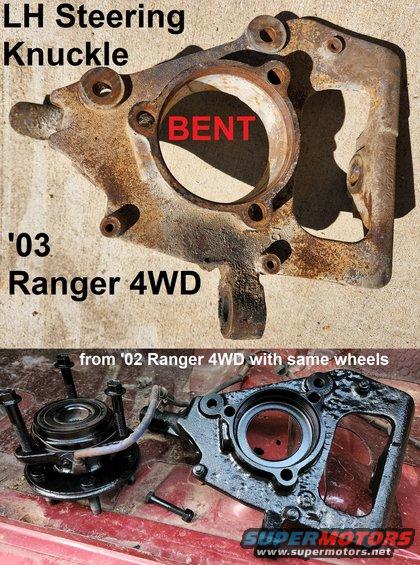 knuckles.jpg While browsing the JYs for some matching Aluminum wheels, I found a 4WD left knuckle on an '02 Ranger. After sandblasting, I painted it & the hub. The original upper ball joint seems OK, and the replacement [url=https://www.rockauto.com/en/moreinfo.php?pk=1328791&cc=1438311&pt=10401&jsn=1099]lower A-arm (MCSOE45)[/url] has a new lower installed.
IF THE IMAGE IS TOO SMALL, click it.

MORON this later...