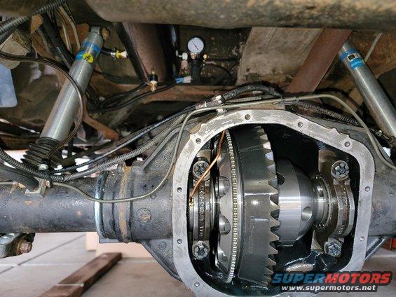 Rear differential gears exposed with Bilstein shocks visible
